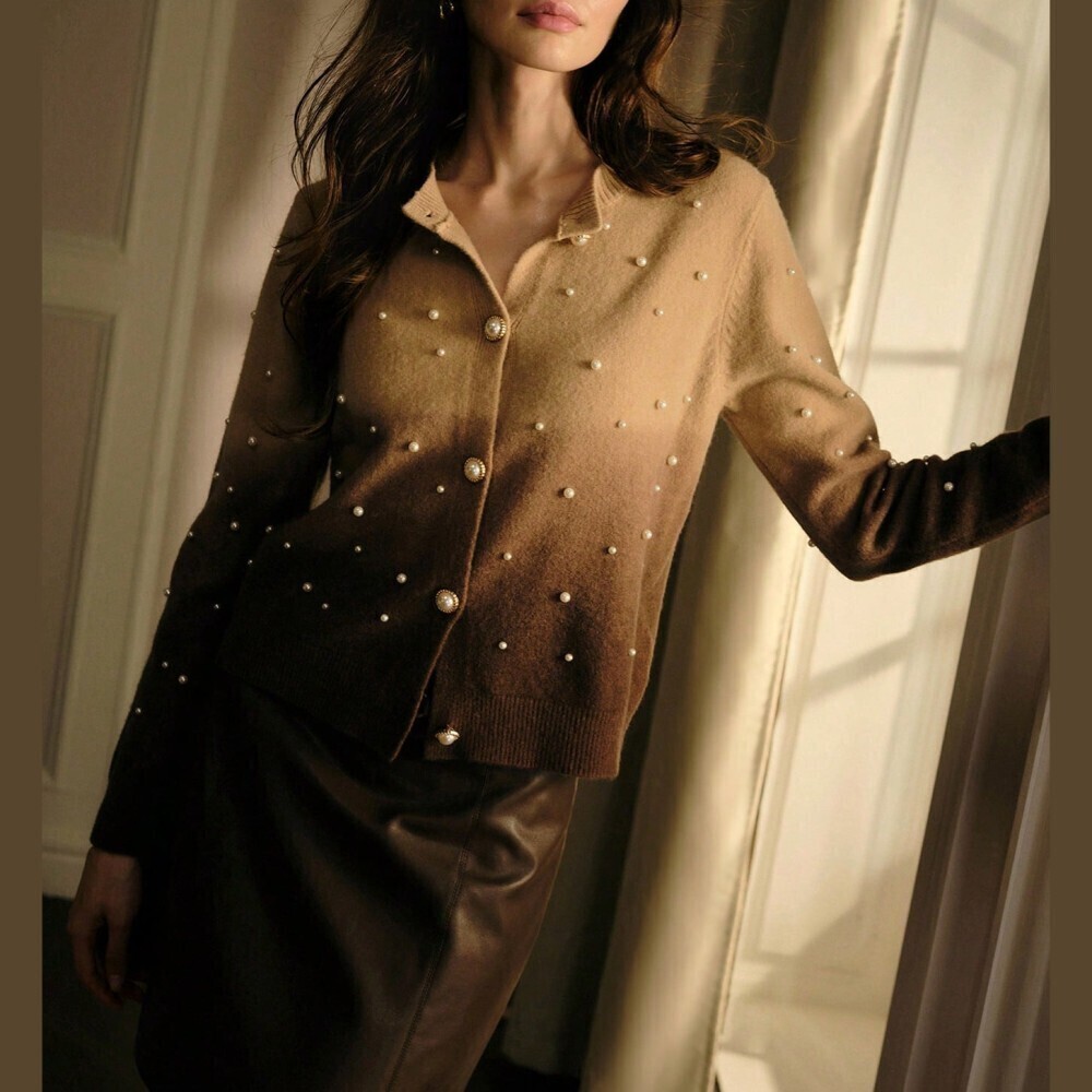 Tan / Brown Ombre Pearl Trim Knit Button Front Cardigan